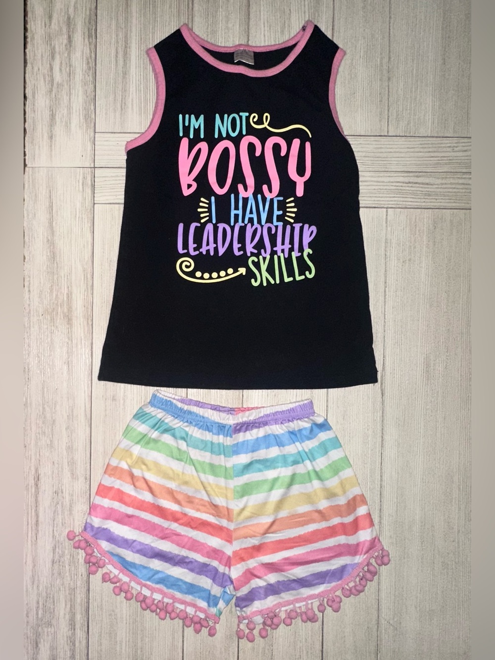 Girls Short Set - Rainbow Stripe Shorts & Black ‘I'm Not Bossy’ Tank